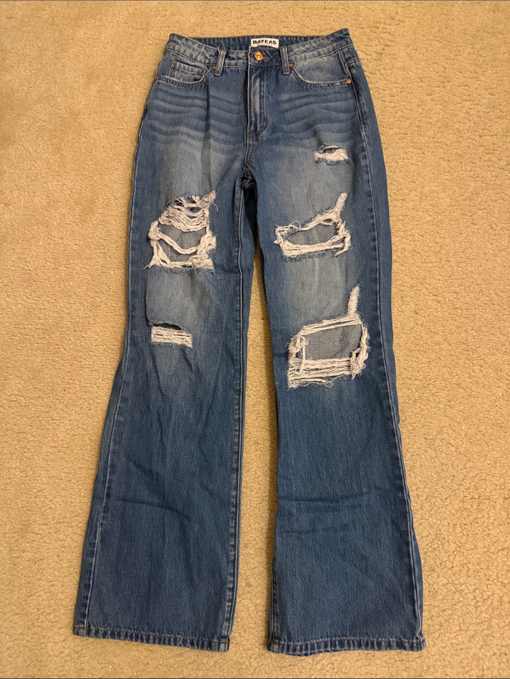 RAYE Mid-Blue Distressed Flare Jeans